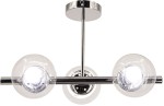 Lampa wisząca Otis w kolorze chromu z trzema kulistymi kloszami z przezroczystego szkła. Ujęcie frontalne, z widoczną centralną rozetą. Każdy klosz osadzony na metalowym ramieniu, z miejscem na żarówki E27. Prosty, nowoczesny design.
