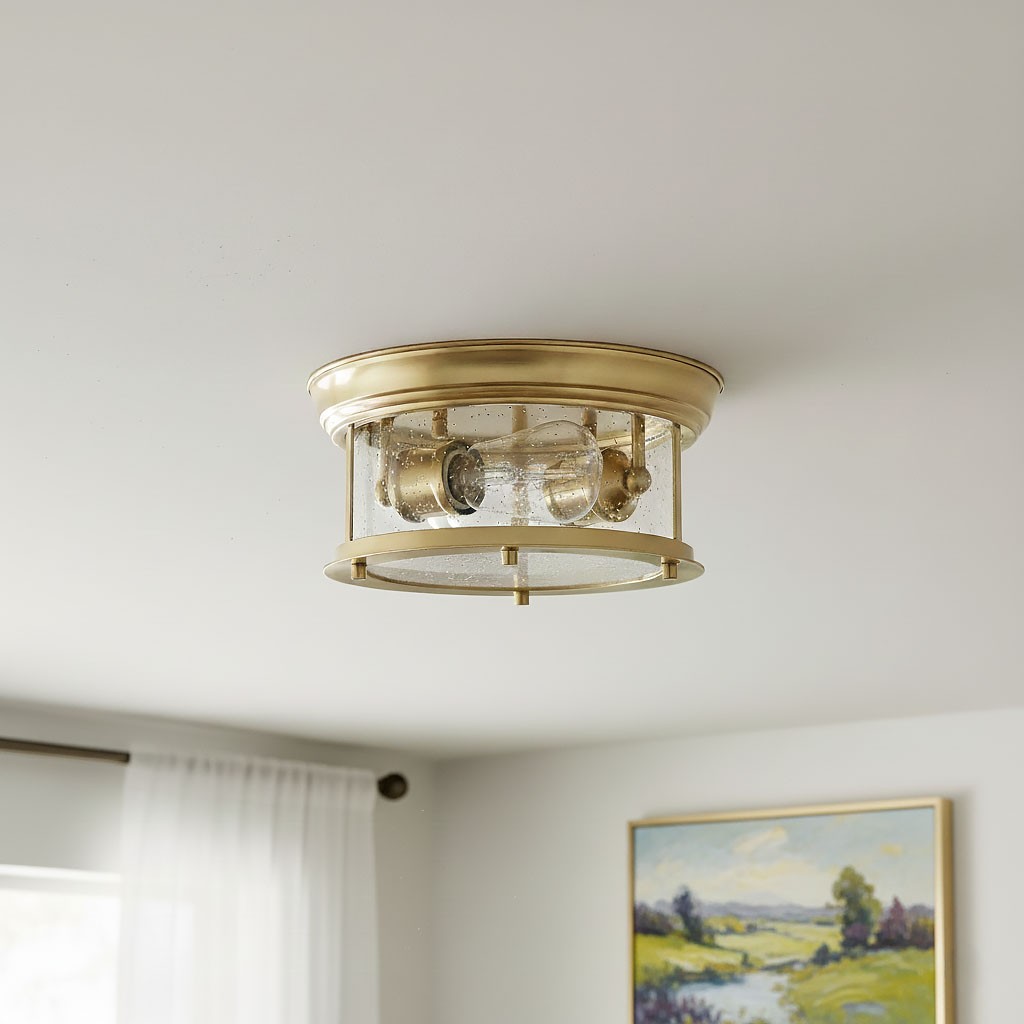 Lampa sufitowa Warwick D28 z mosiądzu, z dwoma oprawami E27, posiada przezroczystą szklaną obudowę. Widoczne detale, takie jak okrągła podstawa oraz stylowe mocowania. Tło jasne, z delikatnym krajobrazem w ramce obok.