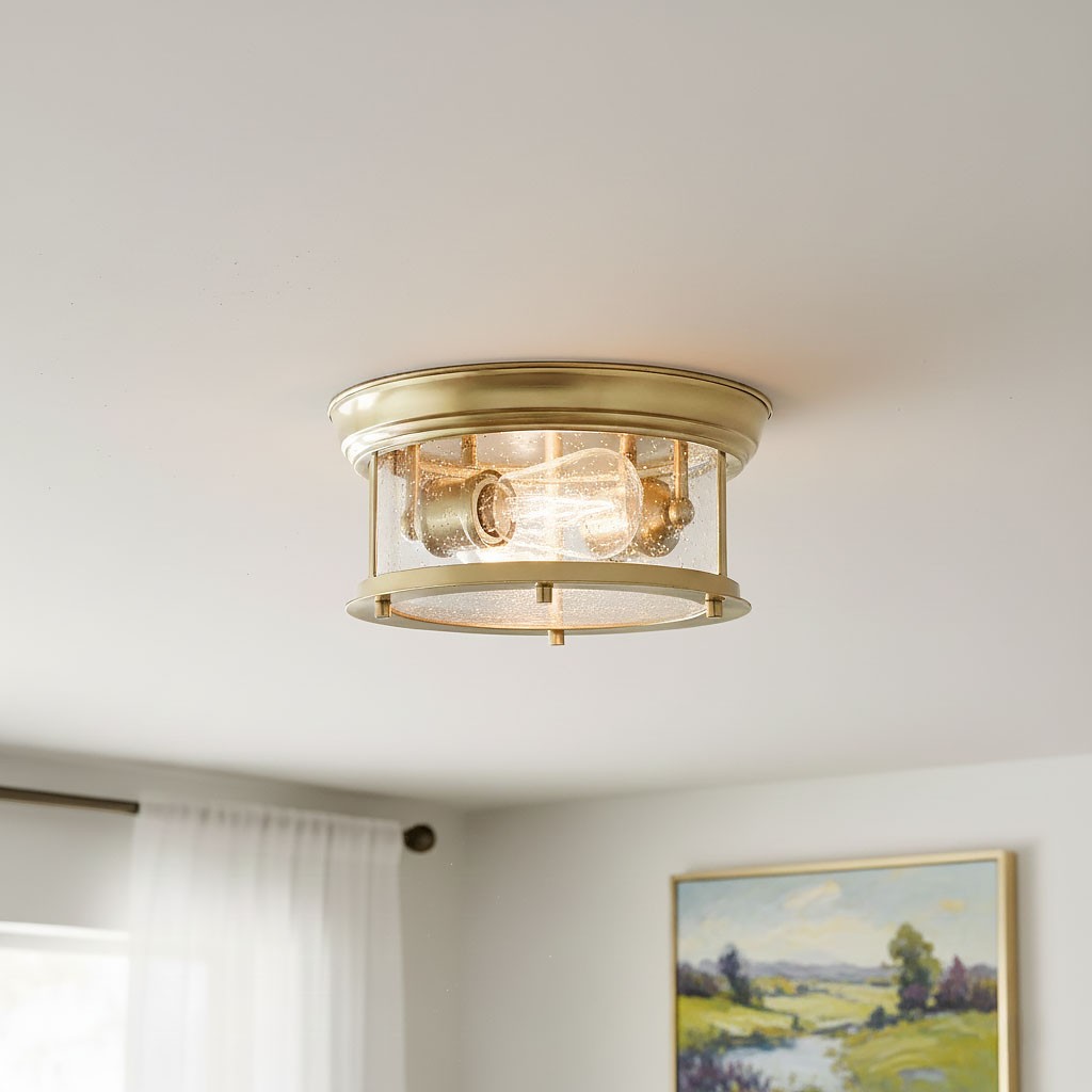 Lampa sufitowa Warwick D28 w kolorze mosiądzu, z przezroczystym kloszem, zawiera dwa gniazda E27. Zainstalowana na suficie, prezentuje stylowy design, idealna do nowoczesnych wnętrz. Tło neutralne, z widokiem na obraz w aranżacji.