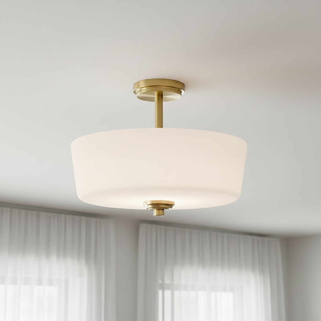 Lampa sufitowa Aspen 3xE27 w kolorze mosiądzu i białym abażurze, o okrągłym kształcie. Zawieszona na metalowym mocowaniu, widoczna z dołu, w jasnym wnętrzu z firanami. Idealna do nowoczesnych aranżacji.