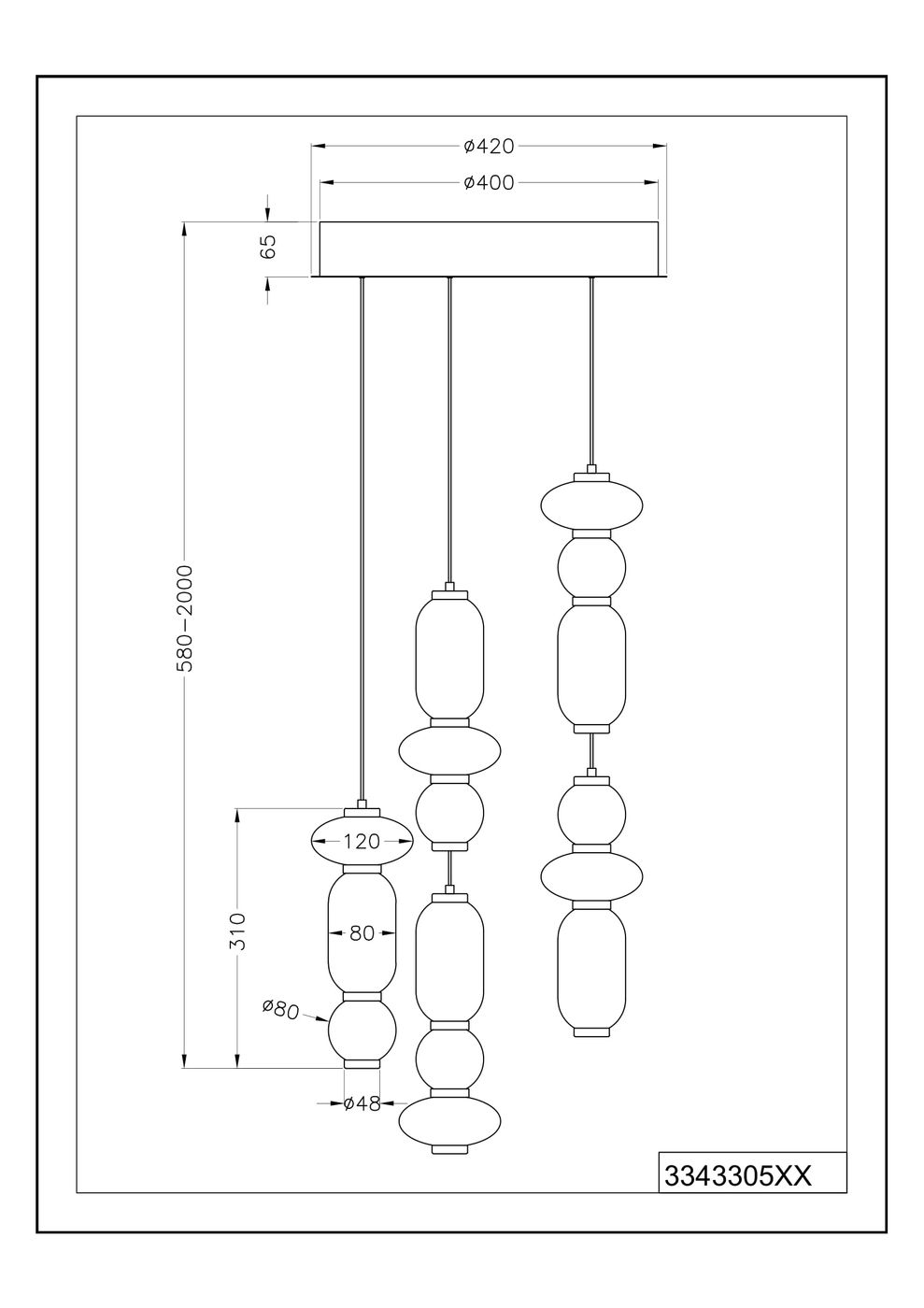 Czarna lampa wisząca Minerva z pięcioma źródłami LED 40W CCT. Okrągły sufitowy panel o wymiarach 420x65 mm, z wiszącymi, różnokolorowymi elementami o różnych średnicach: 48 mm, 80 mm, 120 mm. Długość zawieszenia regulowana od 580 do 2000 mm.
