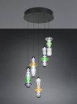 Lampa wisząca Minerva z pięcioma źródłami LED o mocy 40W, w kolorze czarnym z multikolorowymi elementami. Kształt cylindryczny, z przezroczystymi i kolorowymi akcentami, zawieszona na cienkich linkach z okrągłym mocowaniem sufitowym.