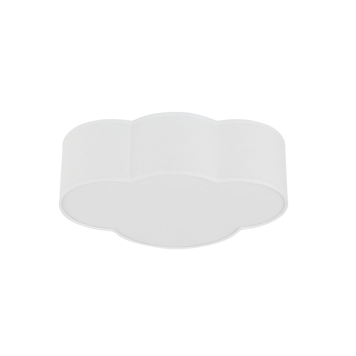Biały plafon Cloud Mini 2-punktowy w kształcie chmury, z matowym wykończeniem. Ułożony w poziomie, widoczny z boku, z zaokrąglonymi brzegami i gładką powierzchnią. Idealny do nowoczesnych wnętrz.
