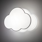 Biały plafon Cloud Mini w kształcie chmury, z dwoma punktami świetlnymi. Ujęcie z przodu, pokazujące delikatną teksturę materiału i zaokrąglone krawędzie. Zainstalowany na jasnej ścianie, emituje miękkie światło.