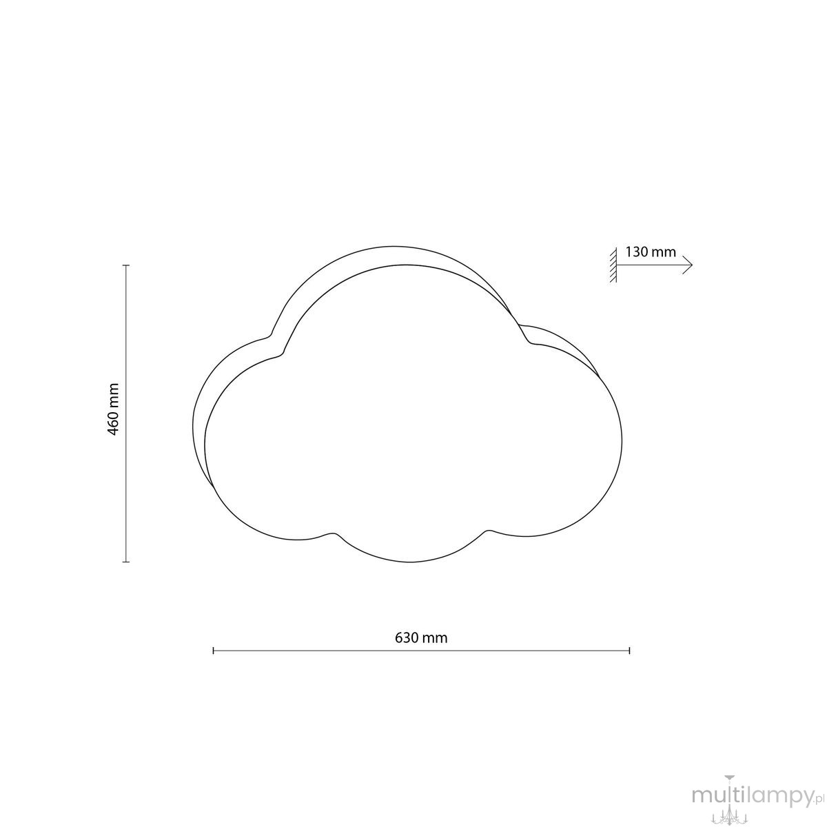 Plafon w kształcie chmury, 4-punktowy, w pastelowym różowym kolorze. Wymiary: 630 mm szerokości, 460 mm wysokości, 130 mm głębokości. Produkt o prostym, zaokrąglonym kształcie, idealny do aranżacji dziecięcego pokoju.