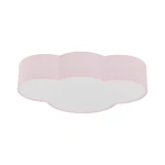 Plafon sufitowy Cloud w pastelowym różowym kolorze, o kształcie chmury. Posiada gładką, białą powierzchnię oraz delikatne zaokrąglenia krawędzi. Produkt montowany na suficie, z widocznym prostym tłem. Idealny do pokojów dziecięcych.
