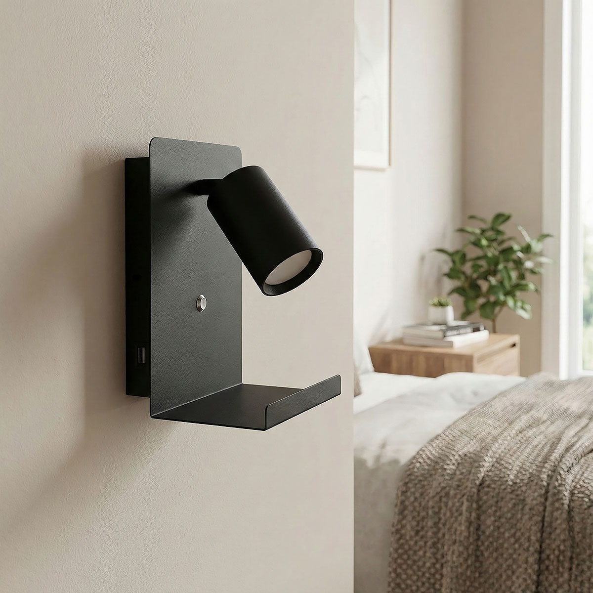 Kinkiet Kaliso w kolorze czarnym z gniazdem USB, wyposażony w ruchome źródło światła GU10. Montowany na ścianie, z półką na drobne przedmioty. Prosta, nowoczesna forma, idealny do czytania w sypialni.