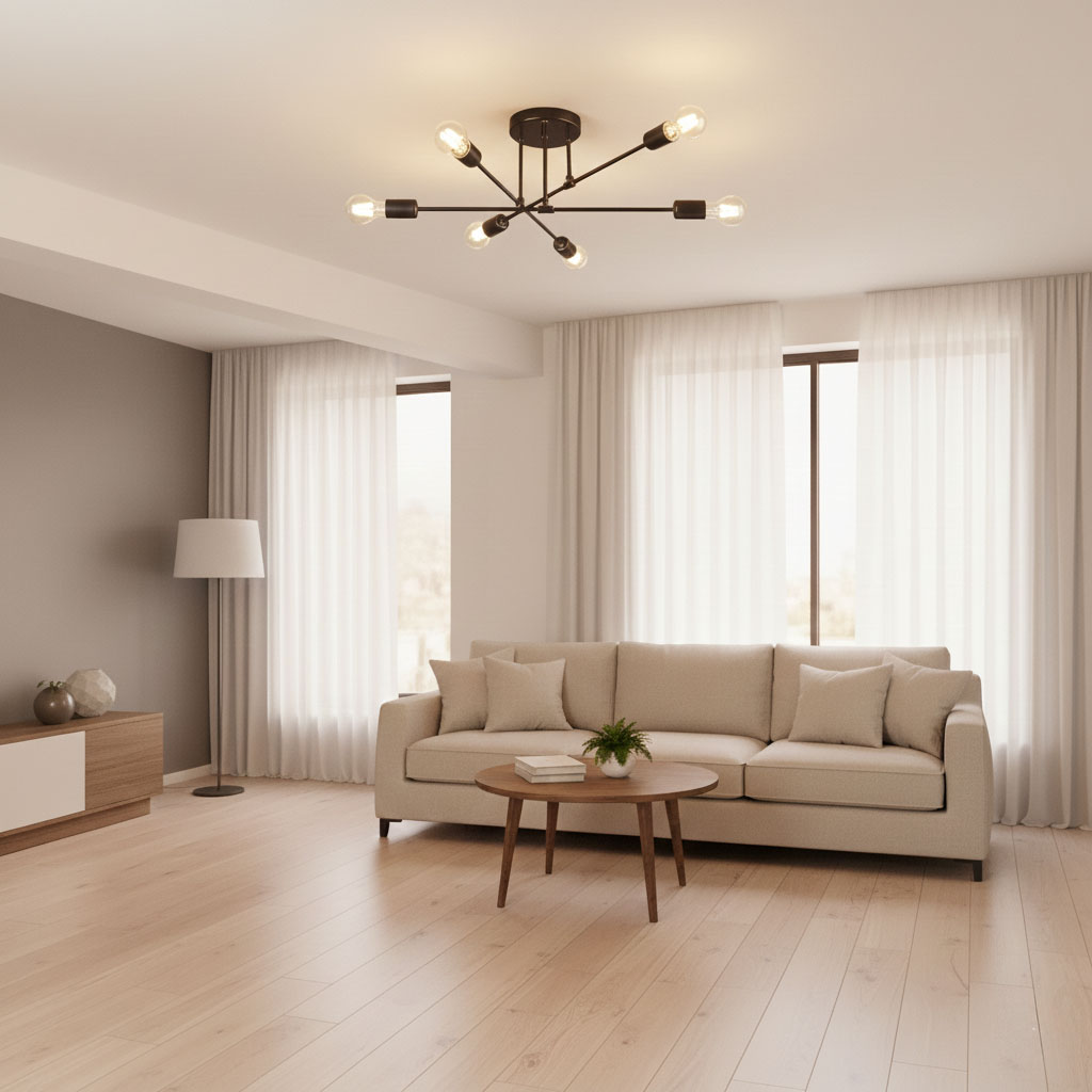 Czarna lampa sufitowa Eliot z sześcioma oprawami E27, zamontowana na suficie w nowoczesnym wnętrzu. Widoczne są rozłożone ramiona z żarówkami, otoczone jasnymi firanami i neutralnym wystrojem.