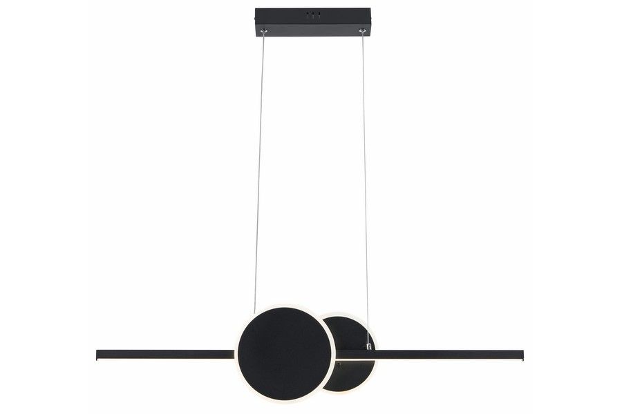 Lampa wisząca LED Gendra 23W 4000K w kolorze czarnym. Składa się z dwóch okrągłych kloszy oraz poziomego ramienia. Ujęcie frontalne, zawieszona na cienkich linkach. Prosty design, idealna do nowoczesnych wnętrz.