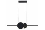 Lampa wisząca LED Gendra 23W 4000K w kolorze czarnym. Składa się z dwóch okrągłych kloszy oraz poziomego ramienia. Ujęcie frontalne, zawieszona na cienkich linkach. Prosty design, idealna do nowoczesnych wnętrz.
