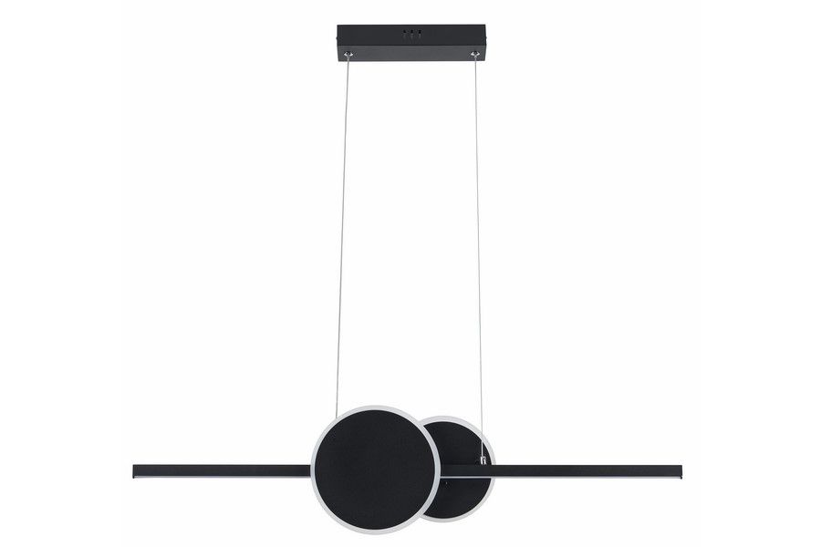 Lampa wisząca LED Gendra 23W 4000K w kolorze czarnym, z dwoma okrągłymi elementami oraz prostokątnym mocowaniem. Produkt zawieszony na cienkich linkach, przylegający do sufitu. Elegancki design, idealna do nowoczesnych wnętrz.