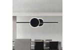 Lampa wisząca LED Gendra 23W 4000K w czarnej kolorystyce, z podwójnym okrągłym elementem i poziomą belką. Zawieszona nad stołem, tworzy nowoczesną aranżację. Tło jasne, minimalistyczne wnętrze.