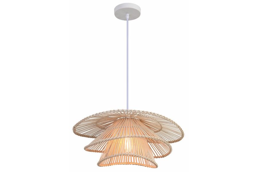 Lampa wisząca Hima 1xE27 wykonana z białego rattanu, o trzech warstwach w kształcie falistych kloszy. Zawieszona na białym przewodzie, emituje ciepłe światło. Idealna do nowoczesnych wnętrz.