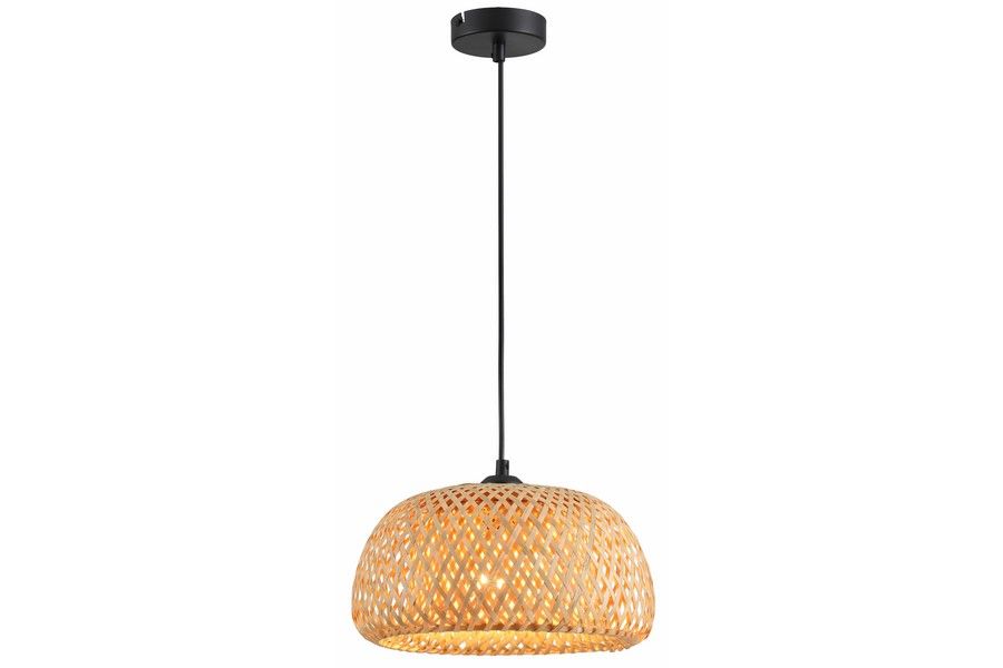 Lampa wisząca Sorell z czarnym metalowym mocowaniem i kloszem z plecionego rattanu w odcieniach brązu, z zawieszeniem na cienkim kablu. Klosz ma okrągły kształt z otworami, co zapewnia ciekawy efekt świetlny.