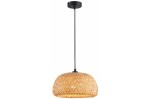 Lampa wisząca Sorell z czarnym metalowym mocowaniem i kloszem z plecionego rattanu w odcieniach brązu, z zawieszeniem na cienkim kablu. Klosz ma okrągły kształt z otworami, co zapewnia ciekawy efekt świetlny.