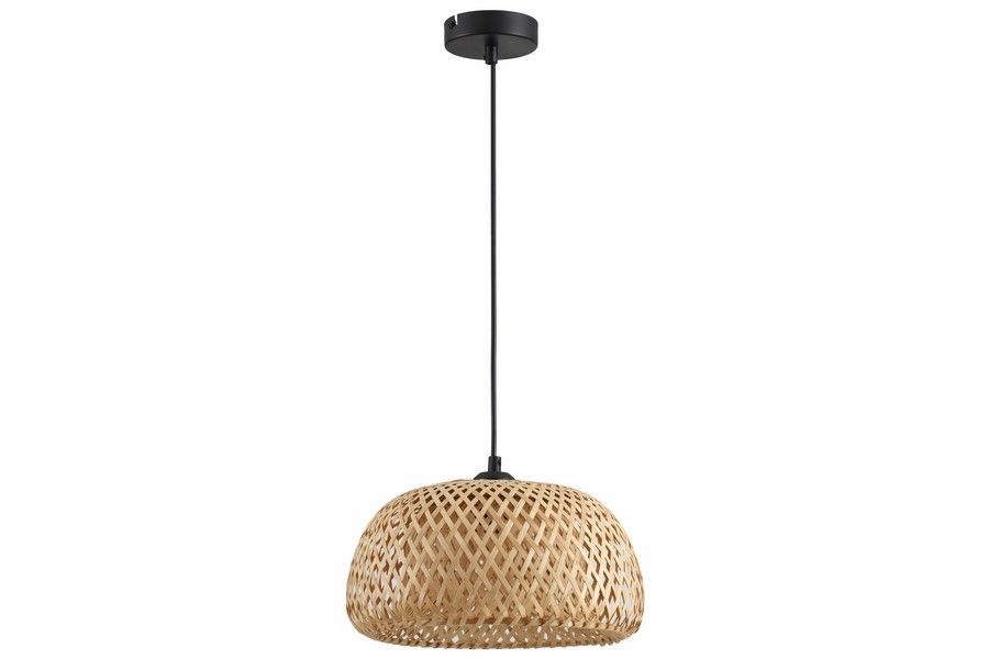 Lampa wisząca Sorell 1xE27 w kolorze czarnym z rattanowym kloszem o okrągłym kształcie. Zawieszona na cienkim kablu, z metalowym mocowaniem sufitowym. Klosz ma plecioną strukturę, co nadaje mu lekkości i stylu.