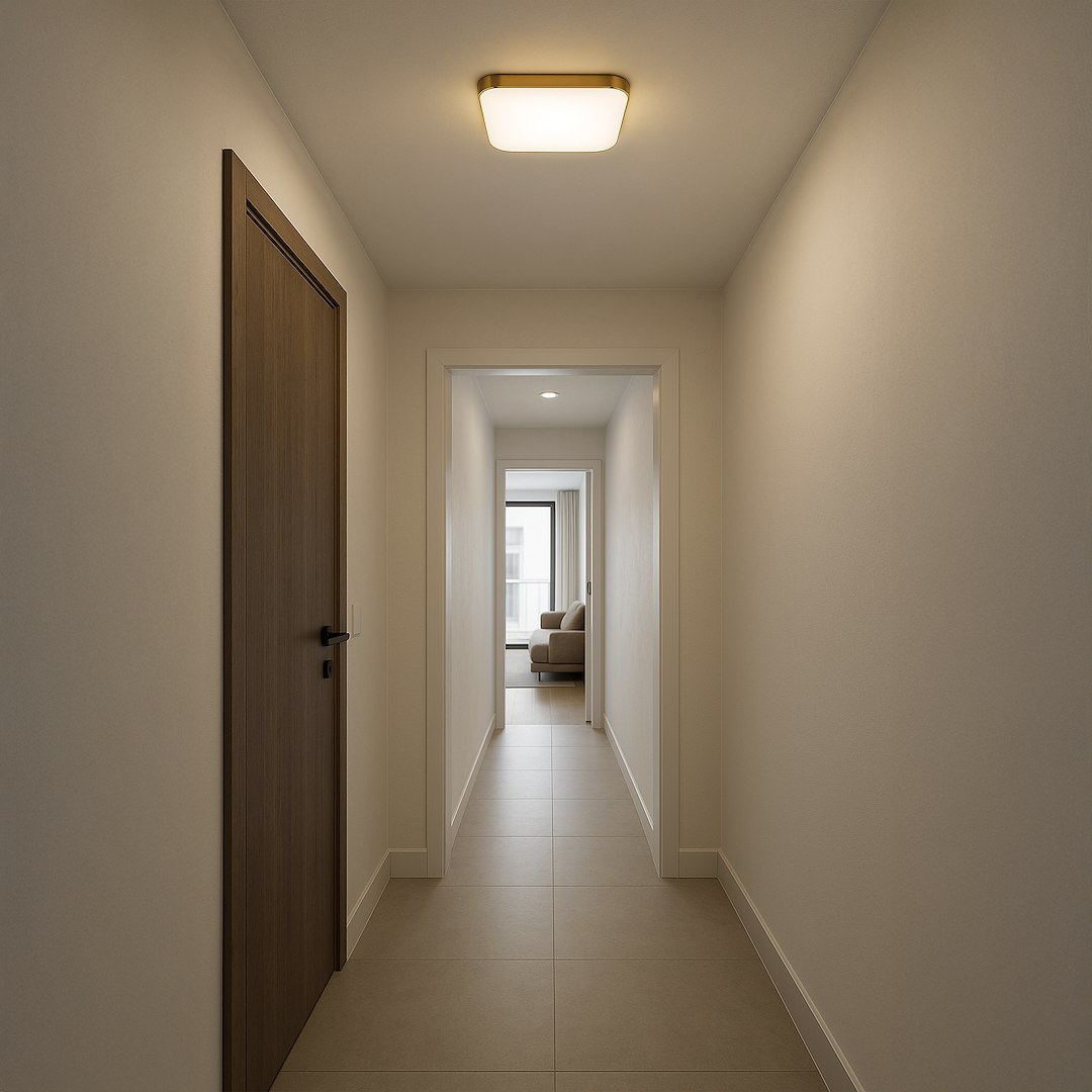 Plafon LED Nemo D33 w kolorze złotym, o wymiarach kwadratowych, zamontowany na suficie w korytarzu. Emituje neutralne światło (4000K) i jest odporny na wilgoć (IP44), co czyni go odpowiednim do różnych wnętrz.