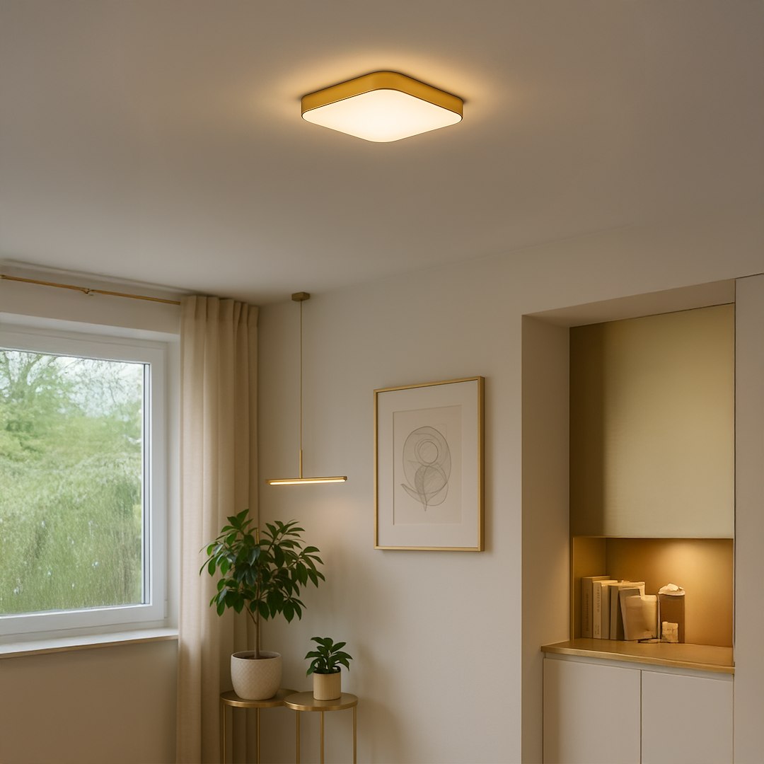 Plafon LED Nemo D33 o kwadratowym kształcie, złotym wykończeniu, z białym matowym kloszem. Zainstalowany na suficie, emitujący światło o temperaturze barwowej 4000K. W tle widoczny minimalistyczny wystrój wnętrza z roślinami i grafiką.
