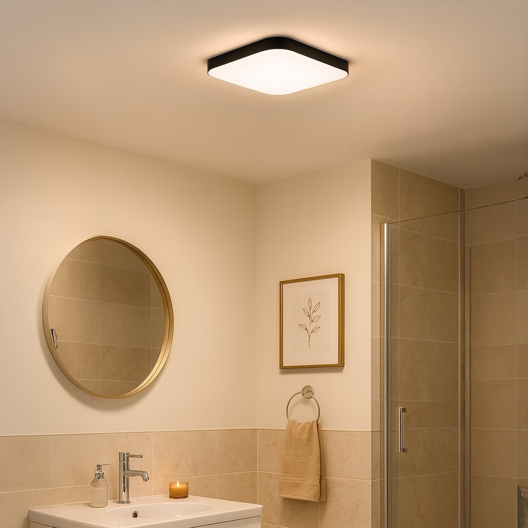 Plafon Nemo LED D33 w kolorze czarnym, o kwadratowym kształcie, z białym kloszem, zamontowany na suficie. Oświetlenie o mocy 17W i temperaturze barwowej 4000K, idealne do łazienki, w otoczeniu jasnych płytek i dodatków.
