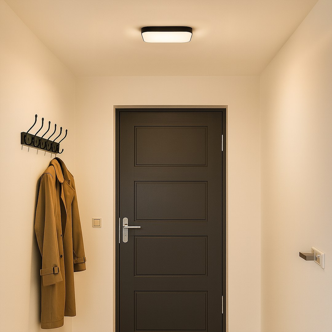 Plafon Nemo LED D33 w kolorze czarnym, o mocy 17W i temperaturze barwowej 4000K, zamontowany na suficie w przedpokoju. Ma prostokątny kształt z matowym, białym kloszem, otaczającym czarną ramkę. W tle widoczna brązowa drzwi oraz wieszak na ubrania.