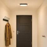Plafon Nemo LED D33 w kolorze czarnym, o mocy 17W i temperaturze barwowej 4000K, zamontowany na suficie w przedpokoju. Ma prostokątny kształt z matowym, białym kloszem, otaczającym czarną ramkę. W tle widoczna brązowa drzwi oraz wieszak na ubrania.