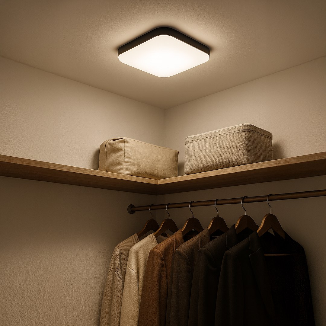 Plafon Nemo LED D33 w kolorze czarnym z transparentnym kloszem, montowany w suficie. Produkt o wymiarach kwadratowych, z mocą 17W i temperaturą barwową 4000K, umieszczony w oświetlonym wnętrzu szafy, nad ubraniami i pojemnikami.