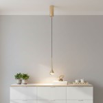 Lampa wisząca Crima Gold LED 1-punktowa w złotym kolorze z czarnym przewodem, zawieszona na białym tle. Kształt w formie kropli z przezroczystym kloszem na końcu. Produkt umieszczony nad białą komodą z roślinami doniczkowymi obok.