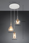 Lampa wisząca Aldea w kolorze białym z trzech kloszy w różnych kształtach: kulistym, stożkowatym i owalnym. Klosze mają metaliczne wykończenie. Długość zawieszenia wynosi 2000 mm, a średnice kloszy to 130 mm, 160 mm i 170 mm.