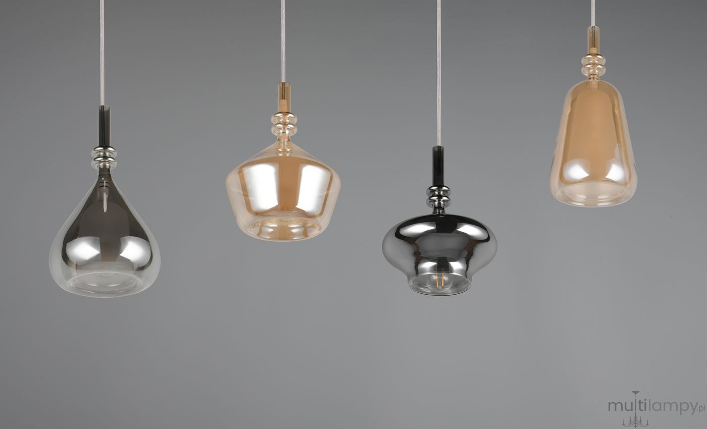 Lampa wisząca Aldea z czterema kloszami w różnych kształtach: przezroczysty, metaliczny oraz w odcieniach beżu. Klosze zawieszone na cienkim sznurku, z metalowymi detalami. Prosta, nowoczesna forma, idealna do wnętrz w stylu minimalistycznym.