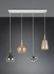 Lampa wisząca Aldea 4xE14 w kolorze białym z multikolorowymi kloszami. Klosze w różnych kształtach: dwa metaliczne (srebrny i czarny) oraz dwa szklane (przezroczysty i brązowy). Umożliwia eleganckie oświetlenie wnętrza. Montaż sufitowy.