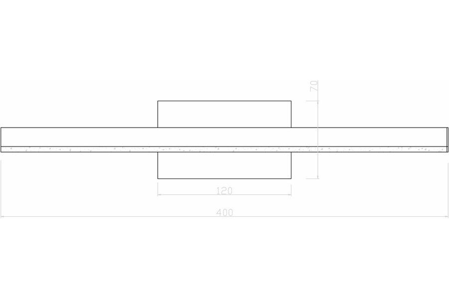 Kinkiet łazienkowy Linea L40 LED 5W 4000K IP44 w kolorze chromowanym. Produkt ma prostokątny kształt, wymiary 400 mm długości, 120 mm szerokości i 70 mm wysokości. Ujęcie z boku, ukazujące detale konstrukcji.