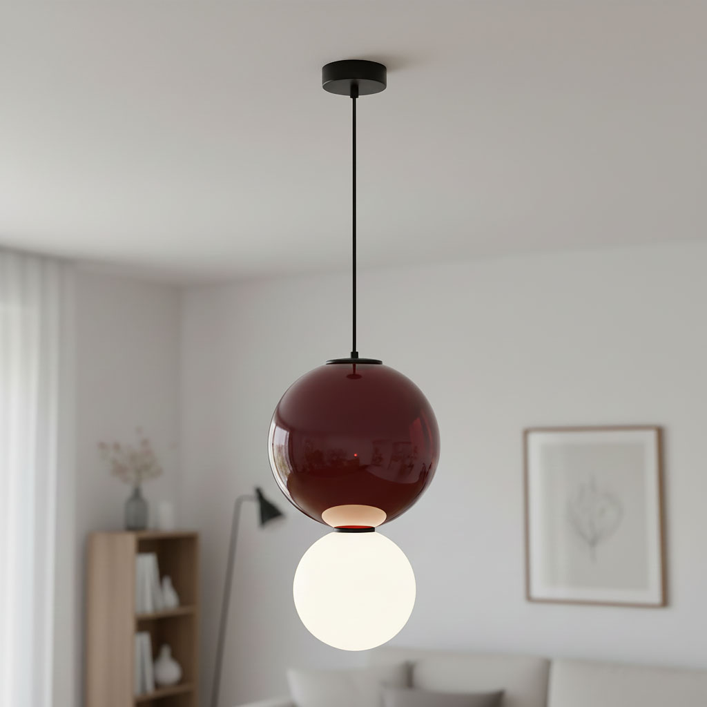 Lampa wisząca LED Pieve D25 o mocy 7W, z bordową szklaną kulą i białą, matową kulą w dolnej części. Zawieszona na cienkim, czarnym przewodzie. Prosta forma w nowoczesnym stylu, idealna do aranżacji wnętrz.