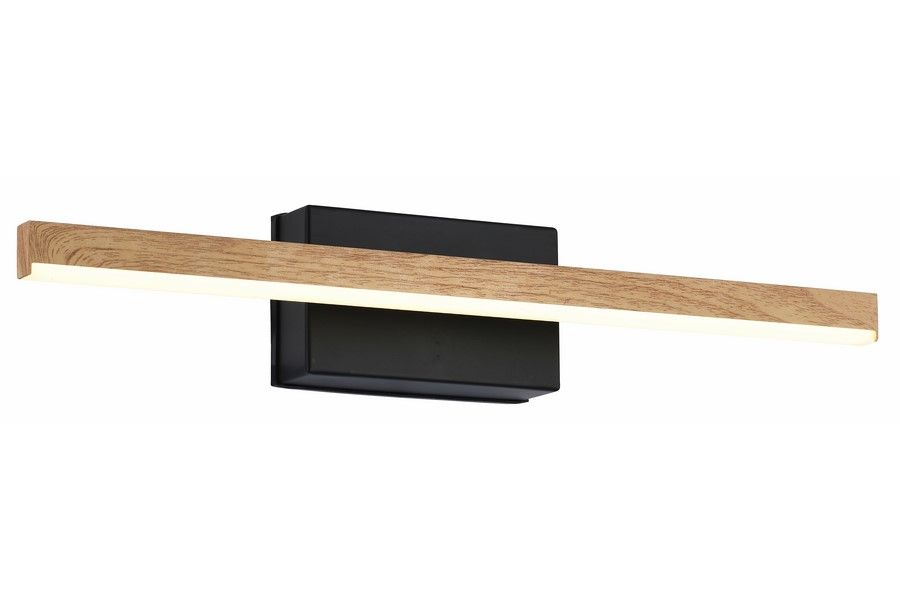 Kinkiet łazienkowy Linea L40 LED 5W 4000K IP44 w kolorze czarnym z drewnianym akcentem. Ułożony poziomo, z prostokątną, czarną podstawą i drewnianym, podświetlonym paskiem LED. Idealny do nowoczesnych wnętrz.