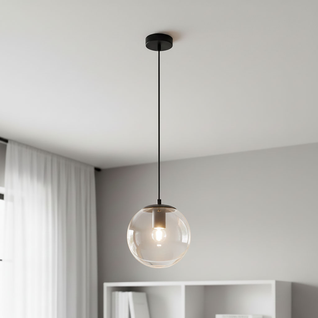 Lampa wisząca Sarpo z czarnym uchwytem, zawieszona na cienkim przewodzie. Szklany klosz w formie kuli, przezroczysty, z widoczną żarówką E27 w środku. Tło w neutralnym kolorze, minimalistyczne wnętrze z białymi meblami.