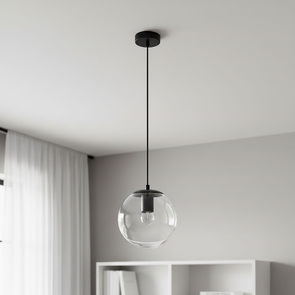 Czarna lampa wisząca Sarpo z jednym gniazdem E27, zawieszona na cienkim przewodzie. Szklany klosz w kształcie kuli, przezroczysty, z widoczną żarówką. Lampa montowana do sufitu, w minimalistycznym wnętrzu z jasnym tłem.