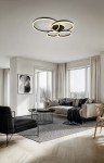 Drake lampa sufitowa w kolorze czarnym z pięcioma źródłami LED o mocy 50W, z pilotem. Posiada nowoczesny design z trzema okręgami o różnej wielkości, zawieszona w jasnym wnętrzu, w otoczeniu sofy i stolika kawowego.