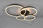 Lampa sufitowa Drake z pilotem, z pięcioma źródłami LED o mocy 50W. Czarna konstrukcja z trzema okrągłymi elementami, o wymiarach 800 mm szerokości i 170 mm wysokości, zawieszona na suficie. Wbudowane podświetlenie LED w jasnym odcieniu.