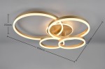Lampa sufitowa Drake z pilotem, z pięcioma źródłami LED o mocy 50W. Złota konstrukcja z trzema okrągłymi pierścieniami, wymiary: 800 mm szerokości, 170 mm wysokości, 700 mm długości. Nowoczesny design idealny do wnętrz.