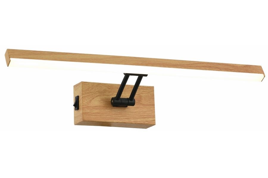 Lester kinkiet L40 LED 5W 4000K, o prostokątnym, drewnianym korpusie w kolorze jasnego drewna, z czarnym metalowym uchwytem. Lampa z długim, prostokątnym źródłem światła LED umieszczonym poziomo. Montaż na ścianie, minimalistyczny design.