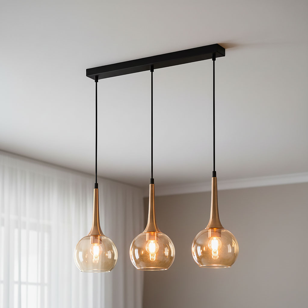 Lampa wisząca Favera z trzema źródłami światła E27, zawieszona na czarnej oprawie. Szklane klosze w kolorze antycznego brązu o kształcie dzwonów, zamontowane na cienkich, czarnych przewodach. Tło w neutralnych odcieniach.