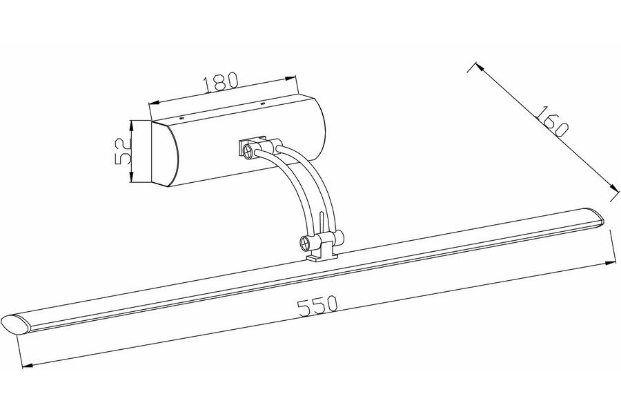 Kinkiet Picture Light L55 LED 8W 3000K w kolorze białym, z prostokątnym kloszem o wymiarach 180x52 mm, zamontowany na giętym ramieniu. Długość lampy wynosi 550 mm, idealny do oświetlenia obrazów lub dekoracji.
