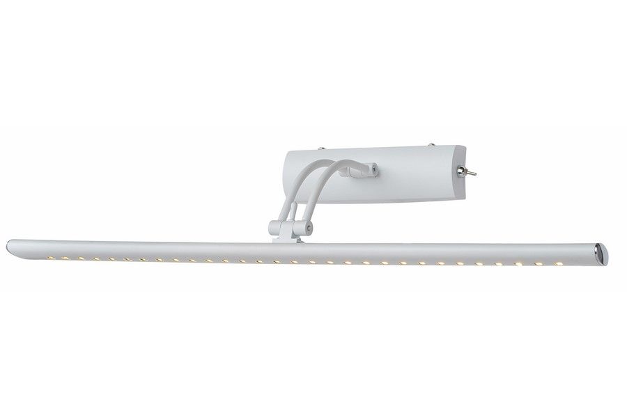 Kinkiet Picture Light L55 w kolorze białym, z LED 8W, 3000K. Produkt ma prostokątną, płaską formę z widocznymi diodami LED na całej długości. Montaż na ścianie z regulowanym ramieniem. Tło jednolite.
