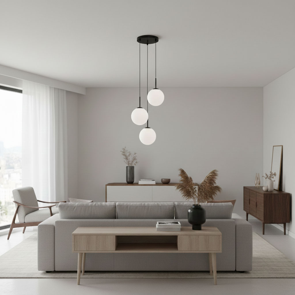 Lampa wisząca Deore z trzema kulistymi kloszami w kolorze białym, zawieszona na czarnych kablach. Produkt umieszczony nad nowoczesną sofą w jasnym wnętrzu, z białymi zasłonami i drewnianymi meblami w tle.