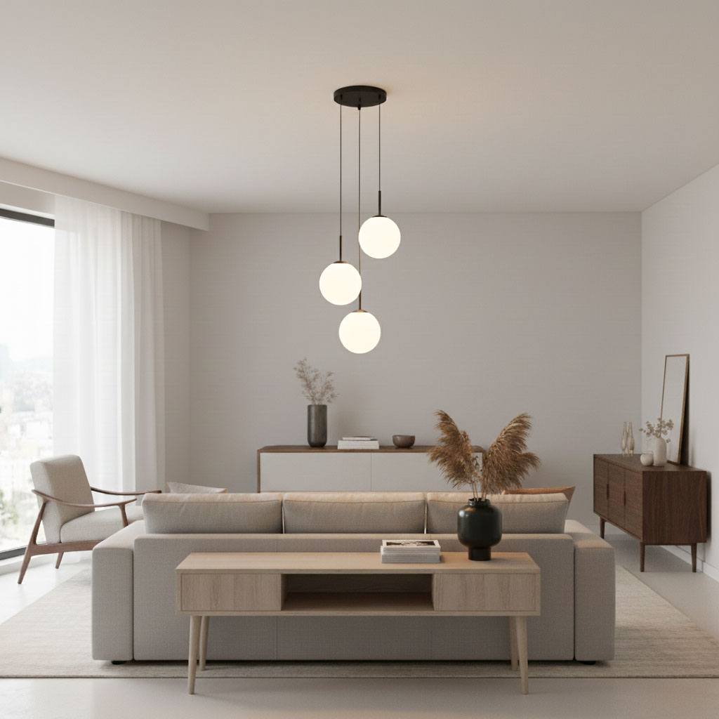 Lampa wisząca Deore 3xE27 w kolorze czarnym i białym, z trzema okrągłymi kloszami, wisząca na długich linkach. Umieszczona w nowoczesnym wnętrzu, nad sofą w jasnej aranżacji, obok drewnianego stolika i komody.