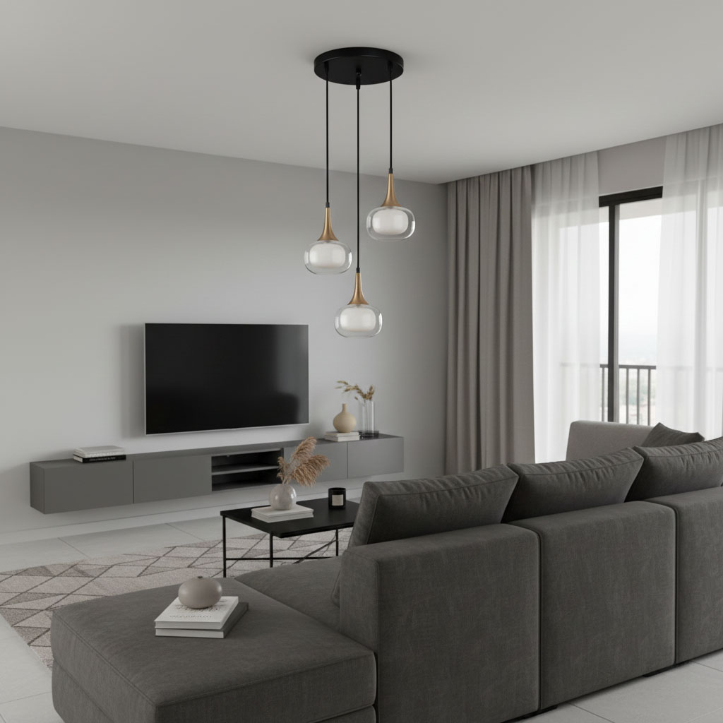 Lampa wisząca Konila 3-punktowa w czarnym kolorze z mosiężnymi detalami. Składa się z trzech szklanych kloszy o zaokrąglonym kształcie, zawieszonych na czarnych przewodach. Zawieszona z sufitu w nowoczesnym wnętrzu z telewizorem i sofą.