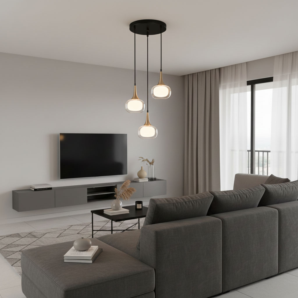 Lampa wisząca Konila 3-punktowa w kolorze czarnym i mosiężnym, z trzema kloszami w kształcie prostokątów, zawieszona na długich linkach. Stylowa, umieszczona w nowoczesnym wnętrzu z szarym sofą i telewizorem na ścianie.