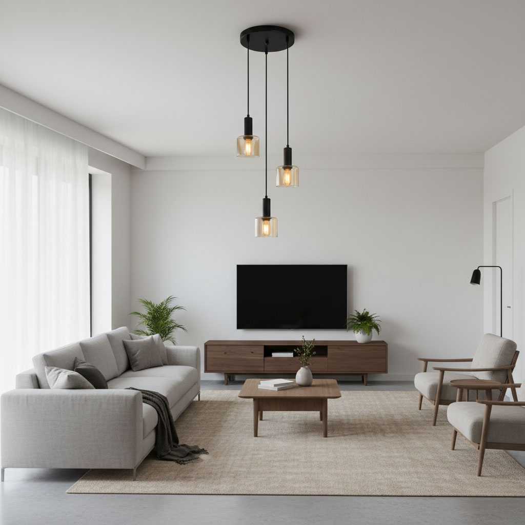 Lampa wisząca Santia 3-punktowa w kolorze czarnym z bursztynowymi kloszami, zawieszona na trzech linkach. Wnętrze nowoczesne z jasnymi ścianami, szarym sofą i drewnianymi meblami, tworzące przytulną atmosferę.