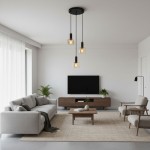 Lampa wisząca Santia 3-punktowa w kolorze czarnym z bursztynowymi kloszami, zawieszona na trzech linkach. Wnętrze nowoczesne z jasnymi ścianami, szarym sofą i drewnianymi meblami, tworzące przytulną atmosferę.