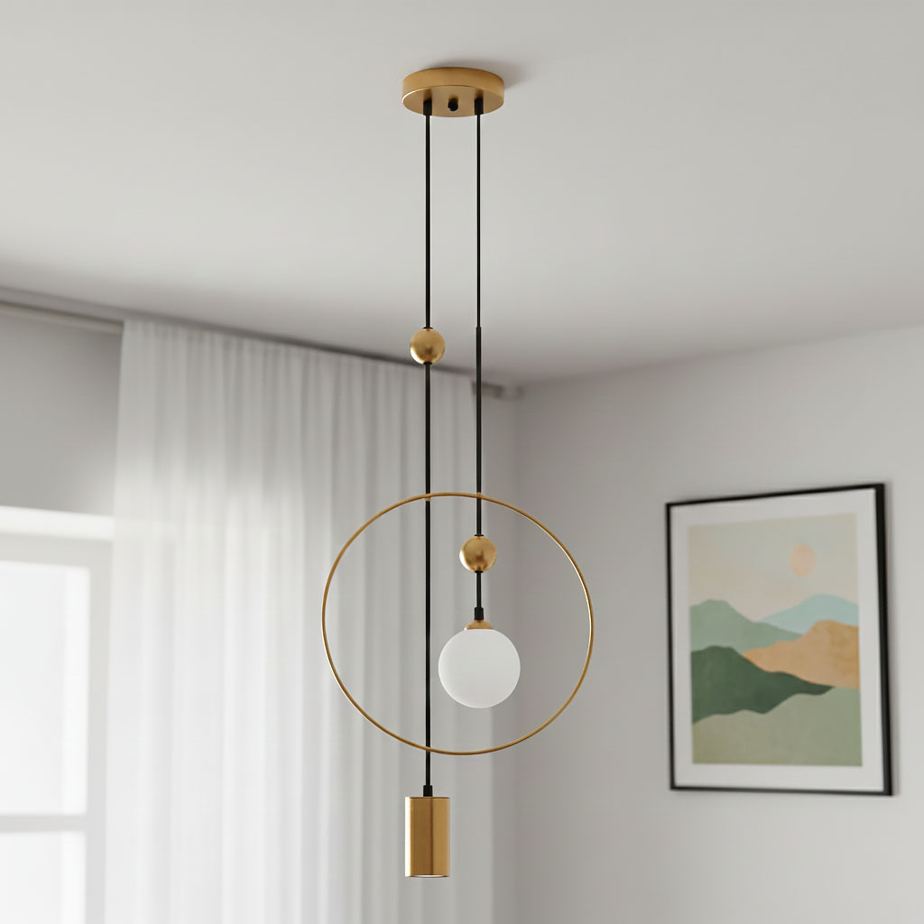 Lampa wisząca Trosti 2-punktowa w kolorze mosiądzu z okrągłym elementem. Dwie źródła światła: jedna z mlecznym kloszem, druga w formie cylindrycznej. Zawieszona na czarnych linkach, z metalowym stropem. Tło jasne z obrazem w ramie.