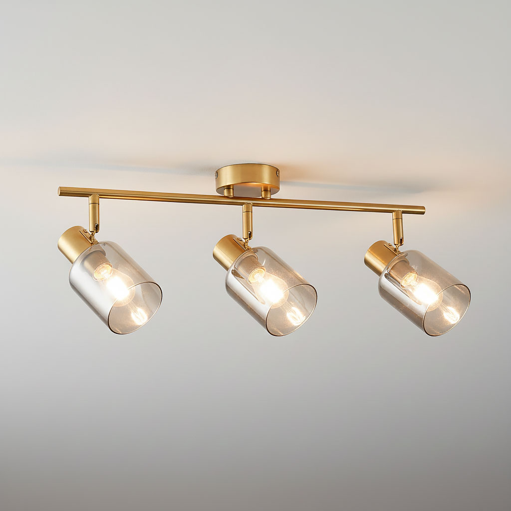 Lampa sufitowa Santia z trzema reflektorami E14 w kolorze mosiądzu i dymionego szkła. Ujęcie frontalne, zamontowana na suficie. Reflektory mają cylindryczny kształt, z widocznymi żarówkami wewnątrz.